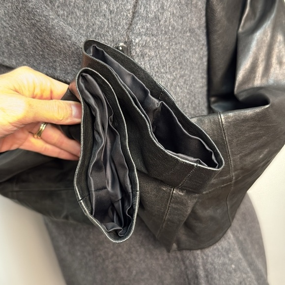 Vince Gray and Black Wool and Leather Asymmetrical Zip Coat Shawl Collar - Picture 8 of 16